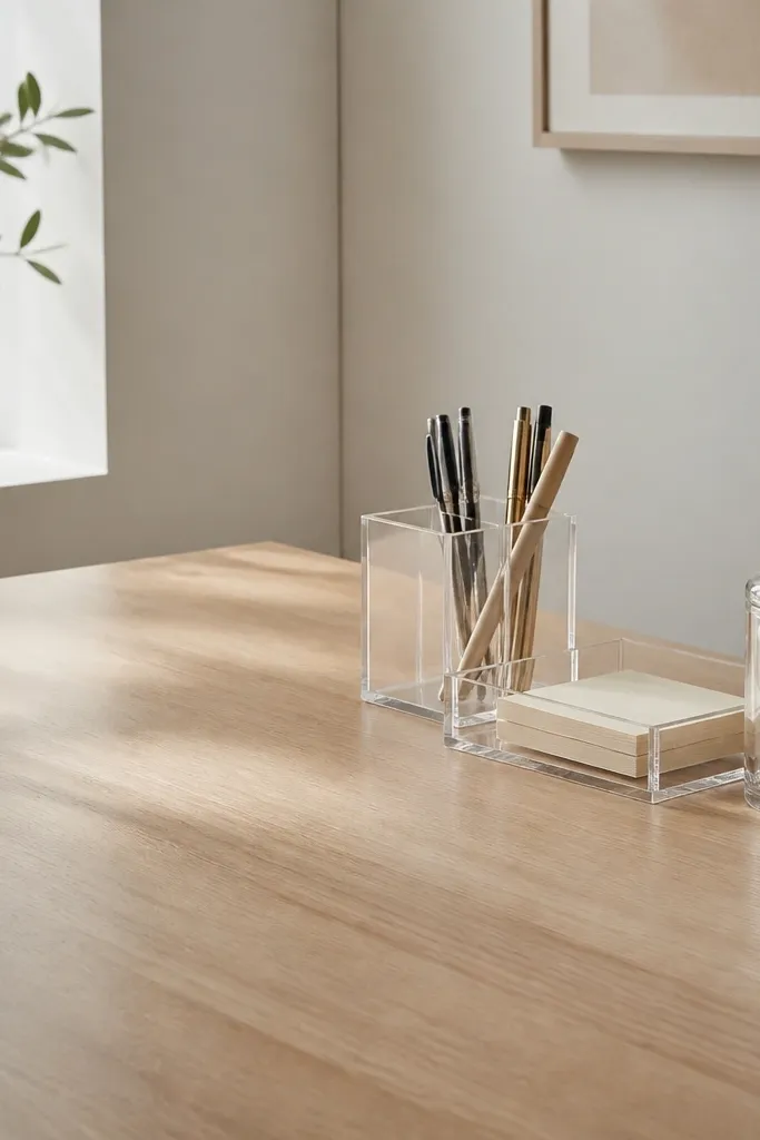 A desk with a clear organizer caddy holding pens, a small clear tray for sticky notes, and a glass bottle for cotton swabs. The desk surface stays mostly empty.