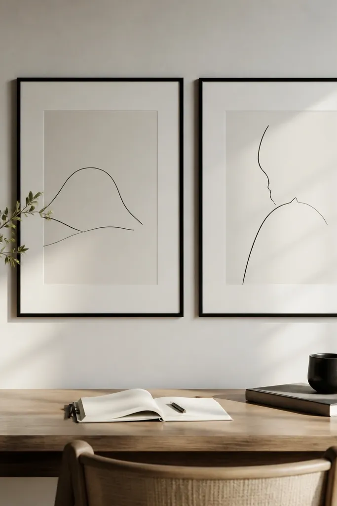 Two simple framed prints in black frames with white matting above a desk. The prints are minimal line drawings and text-free space.