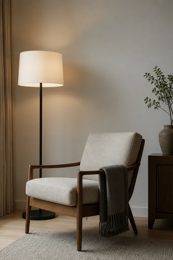 A slim floor lamp with a white shade beside a reading chair. The base is matte and the cord is hidden along the wall.