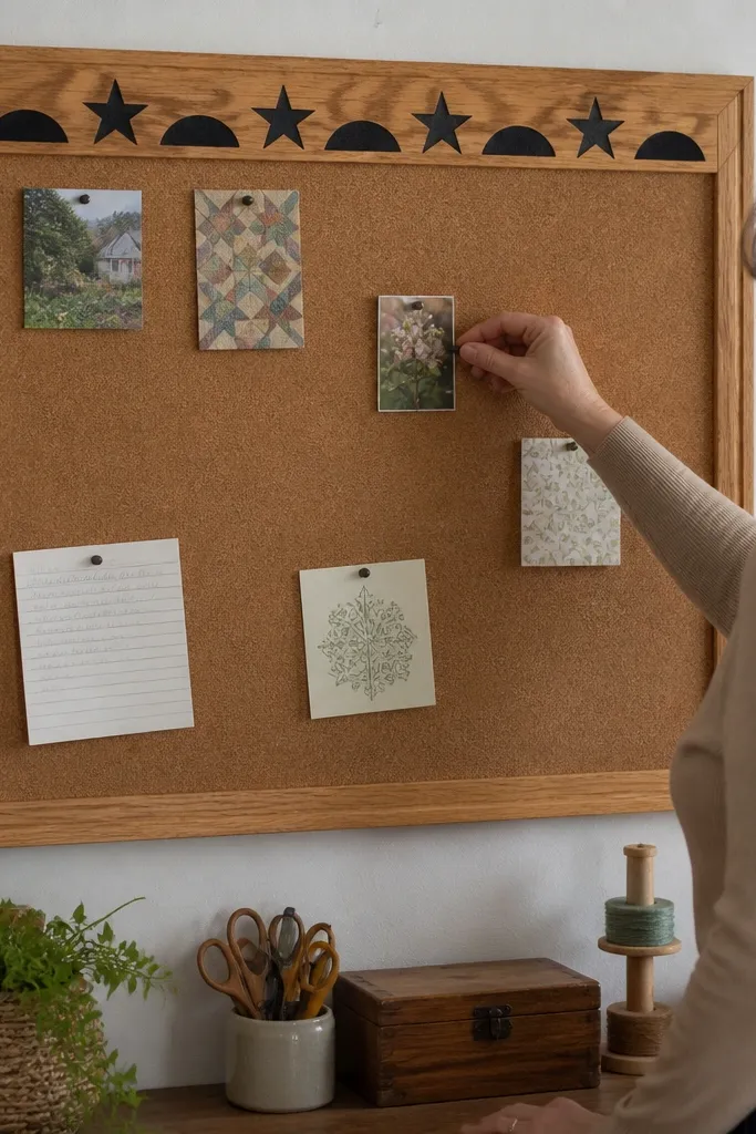 Corkboard inside a painted frame with decorative cutout shapes at the top