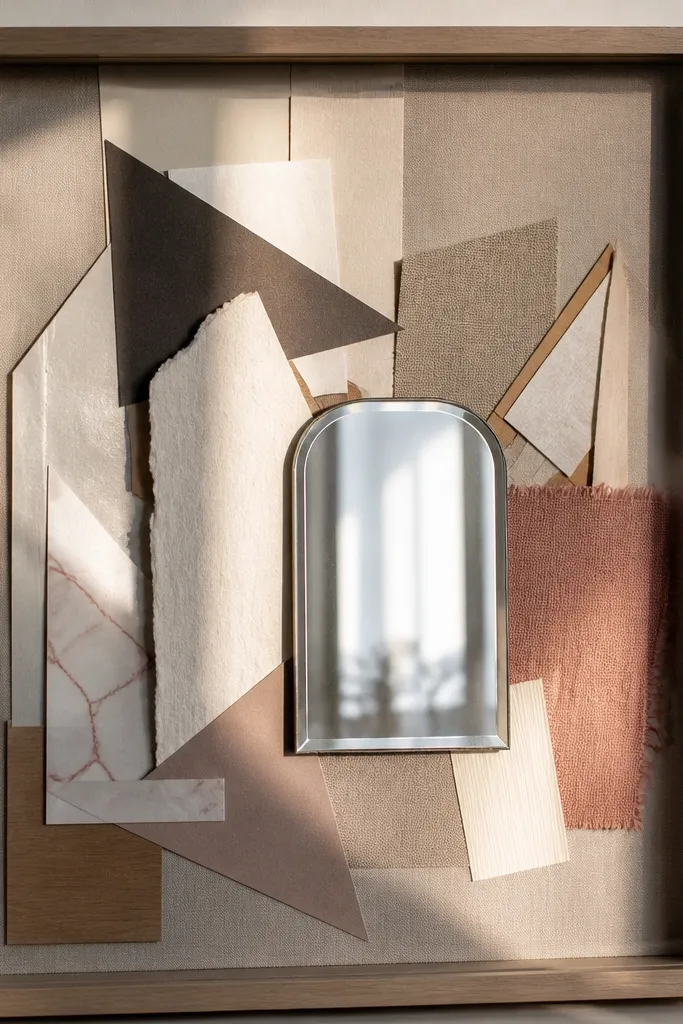 Shadow box with a small mirror and layered paper cutouts behind glass