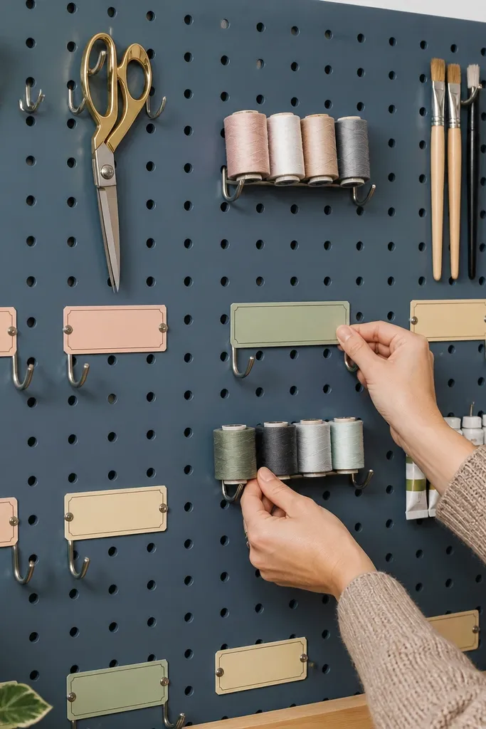Pegboard panel with evenly spaced hooks and small colored labels