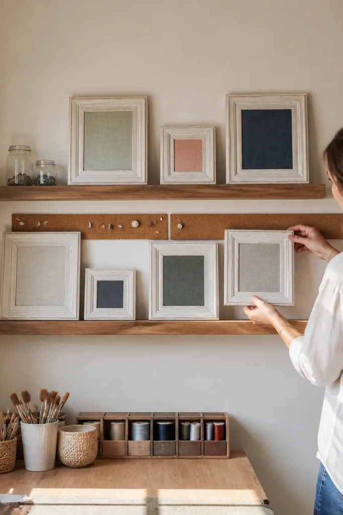 Two floating shelves with small frames of fabric and paint swatches