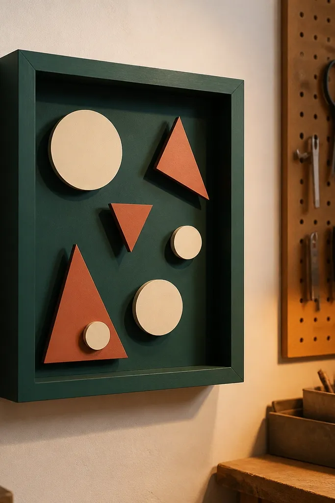 Shadow box with layered paper cut shapes in a painted background
