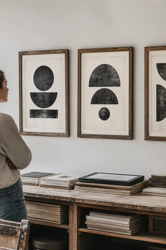 Thrift frames painted white with simple letterpress-style typography prints