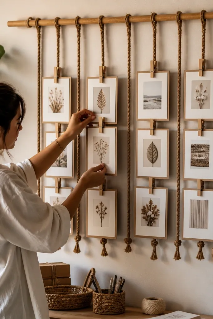 Rope hanging display with small clipped frames arranged in a neat line
