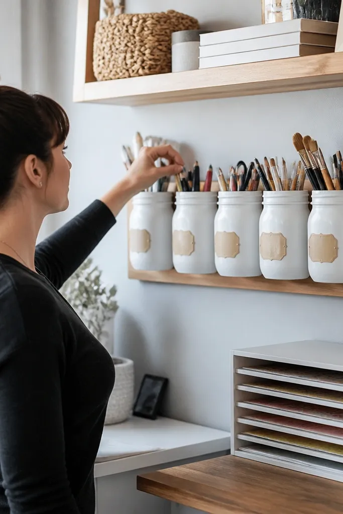 Wall-mounted mason jars painted in matching colors with label tabs on the front