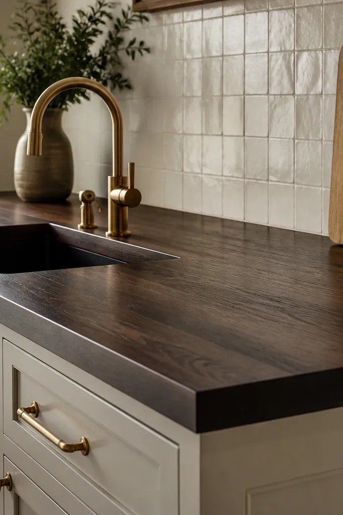 A kitchen counter in deep espresso dark butcher block with visible grain, brushed brass faucet and cabinet pulls, and a light cream backsplash. The photo shows a clean 1.5-2 inch overhang and a satin sheen across the countertop.