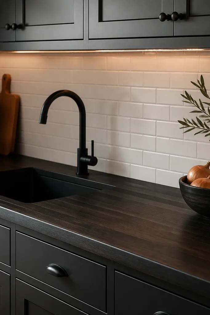 A nearly black butcher block countertop with subtle grain lines, matte black faucet, and matte black cabinet pulls. The backsplash is a soft white subway tile with grout lines that are light gray, and the lighting is warm under-cabinet LEDs.