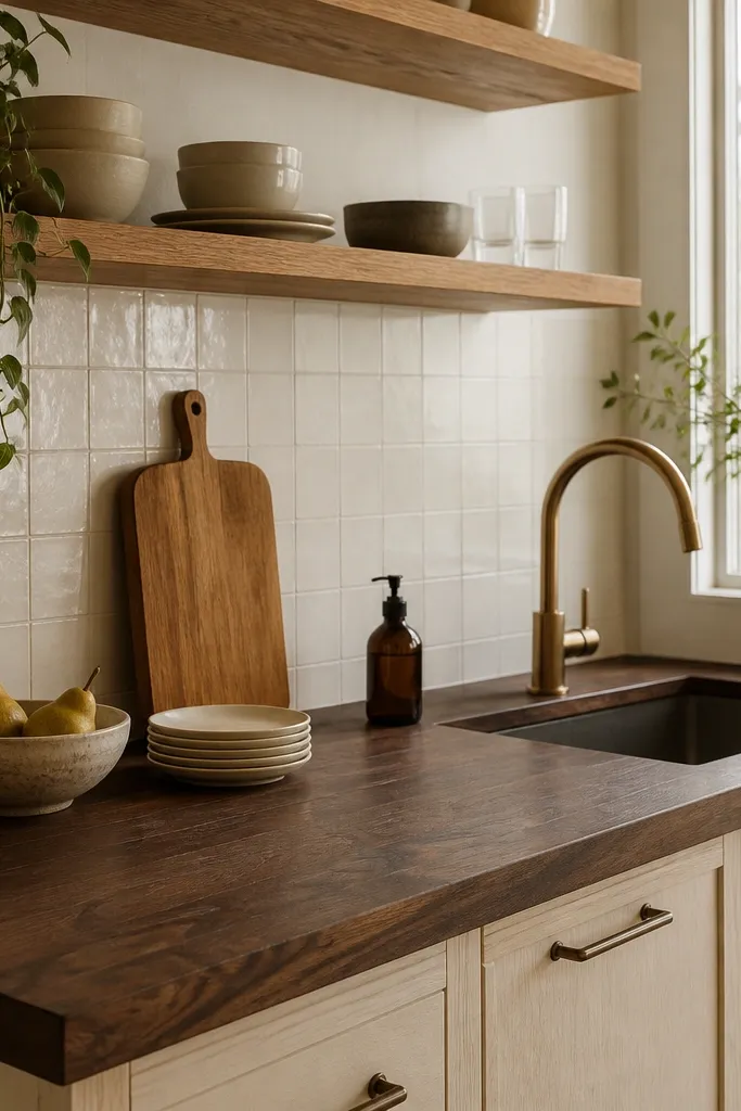 Dark walnut-brown butcher block countertops with visible swirls, paired with white oak floating shelves. The backsplash is warm white tile, and there's a wooden cutting board leaning near the sink.