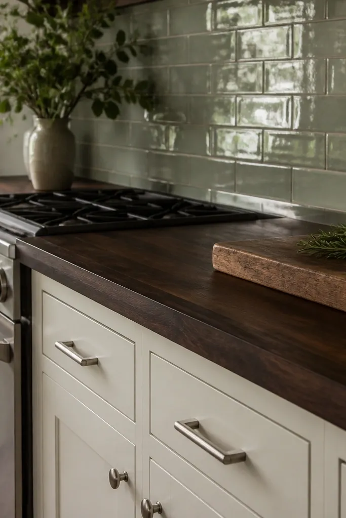 A dark butcher block countertop with a warm espresso stain, paired with a soft muted green glossy tile backsplash. The cabinet color looks off-white, and the hardware is brushed nickel.