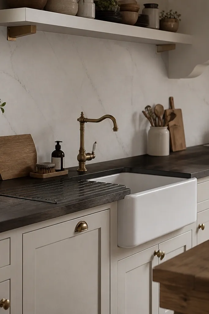 Charcoal-dark butcher block countertops with subtle grain, paired with a light stone-look backsplash (white with faint gray veining). The sink is a farmhouse style with a dark drainboard, and lighting is warm.
