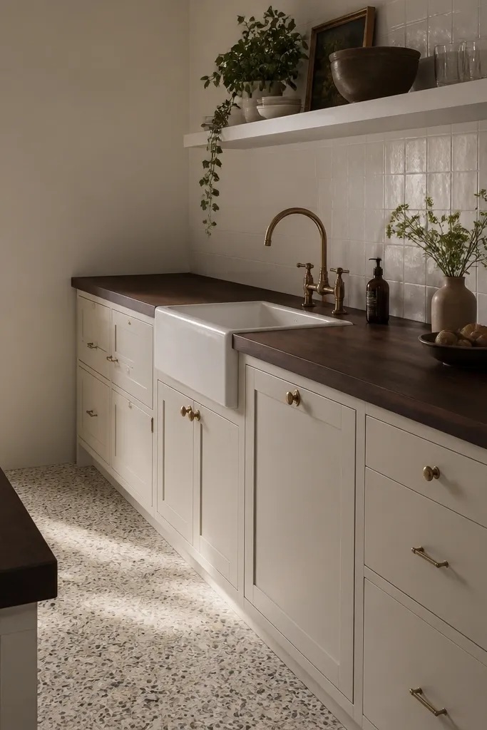 Dark stained butcher block countertops with a satin finish, with a terrazzo-like floor visible. The backsplash is simple white tile, and the cabinets are a warm off-white.