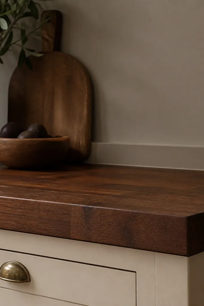 Warm dark butcher block countertops with a reddish-brown undertone, paired with taupe painted walls and cream cabinetry. The camera shows the counter edge and a small gap line where the backsplash meets the countertop.
