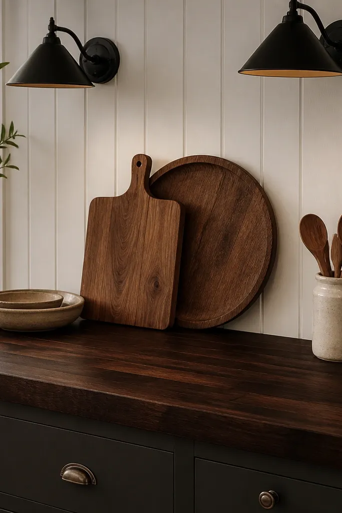 A butcher block countertop in dark espresso with pronounced grain, paired with vertical shiplap on the wall behind the counters. The shiplap is painted a warm white, and there are black sconces above.