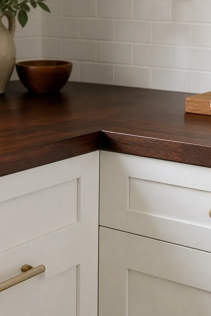 White shaker cabinets with brass pulls, dark butcher block countertops with satin finish, and a white backsplash. The photo shows the corner where the countertop meets the cabinet face.