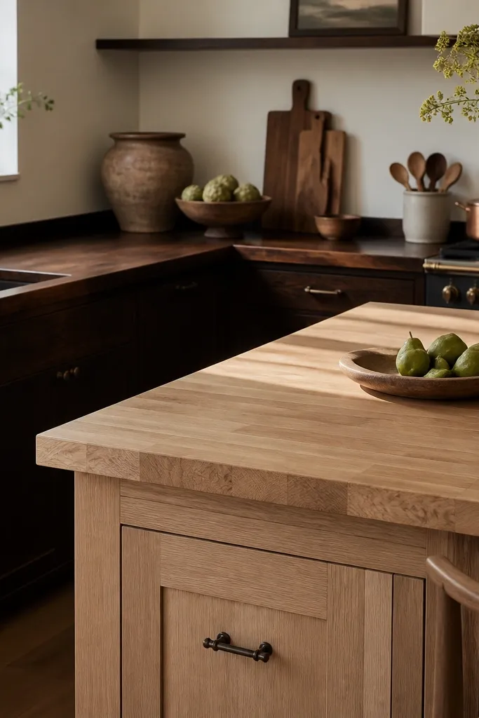 Dark butcher block countertops on perimeter cabinets and a light oak butcher block or butcher block-like top on the island. The camera focuses on the height difference and the contrast between warm dark and warm light.