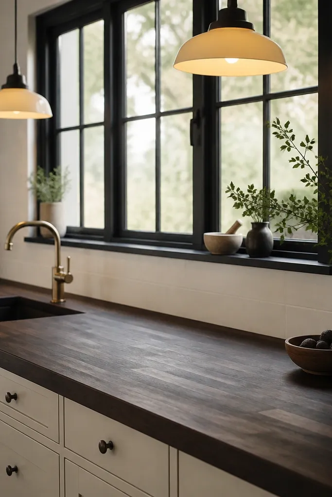 Dark butcher block countertops with satin finish under black-framed windows. The backsplash is a light neutral, and there are warm pendant lights above the counter area.