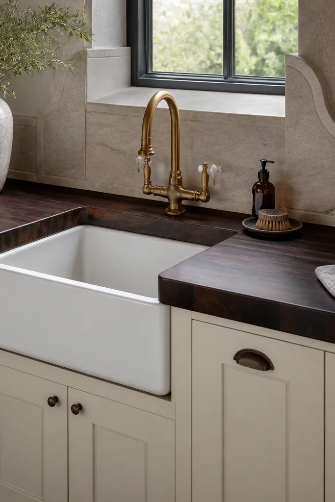 Dark espresso butcher block countertop with a farmhouse sink. The area around the sink has a stone-colored backsplash or surround, and the countertop edge looks thick and rounded.
