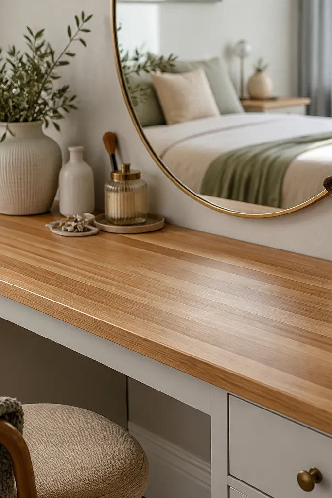 A bedroom vanity with a flat, wood-grain faux butcher block countertop in warm honey tones. The surface shows straight repeating strips, with a clean front edge trim in matching oak color.