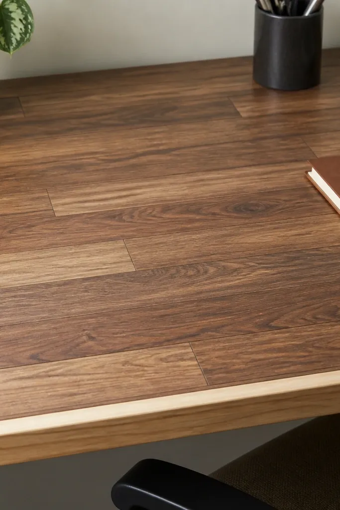 A desk surface covered in rectangular faux butcher block panels. The plank lines line up across panel borders, and the front edge has a light wood trim cap.