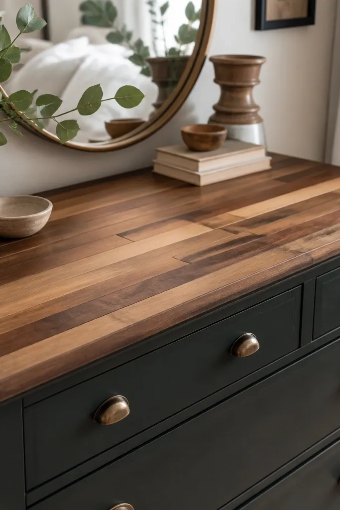 A bedroom dresser top hack with visible strip texture. Each strip is painted in slightly different browns, then glazed to blend into a butcher block look.