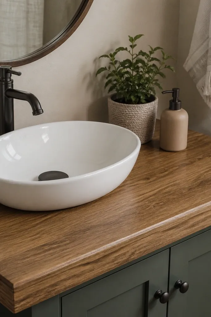 A small bathroom vanity countertop covered in wood-look contact paper with a smooth satin clear coat finish. The front edge looks thick and wood-like with a matching trim.