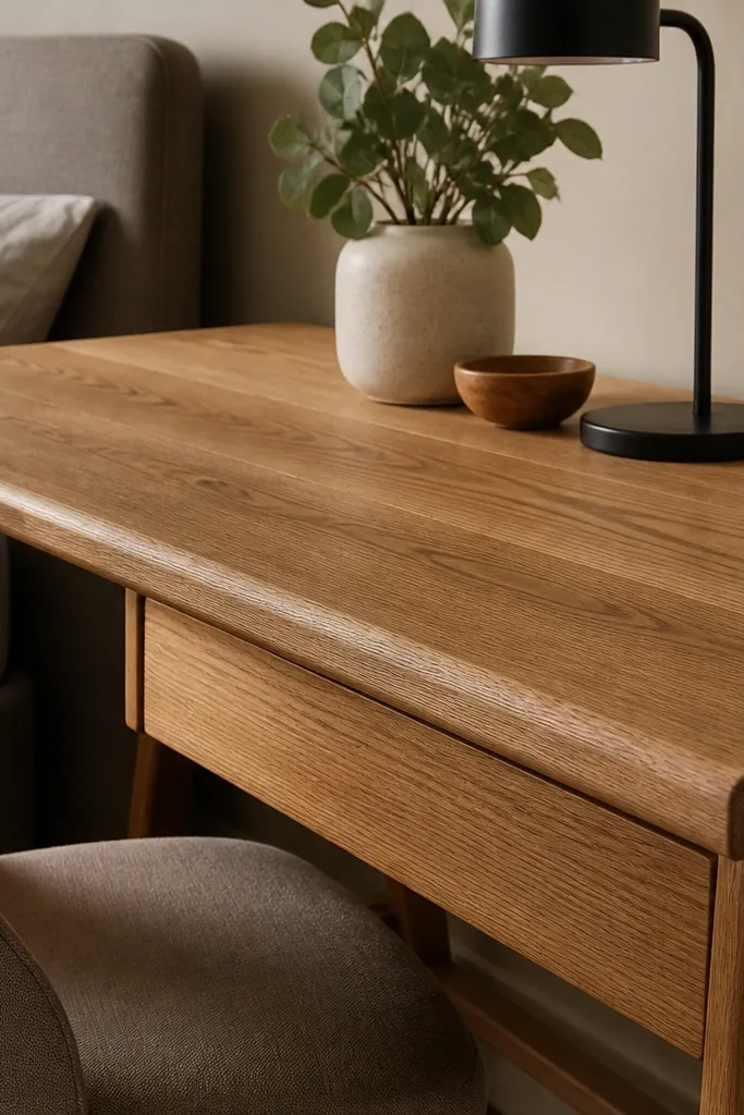 A bedroom desk with a vinyl wood-grain surface. The front edge has a rounded, butcher block-style cap in a matching wood tone.