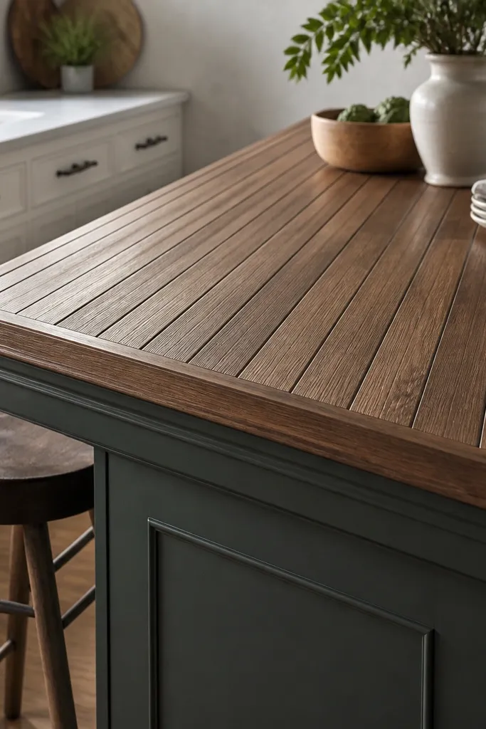 A raised countertop look created by attaching narrow threshold strips along the top, with a woodgrain surface in between. The strips create a butcher-block strip pattern.