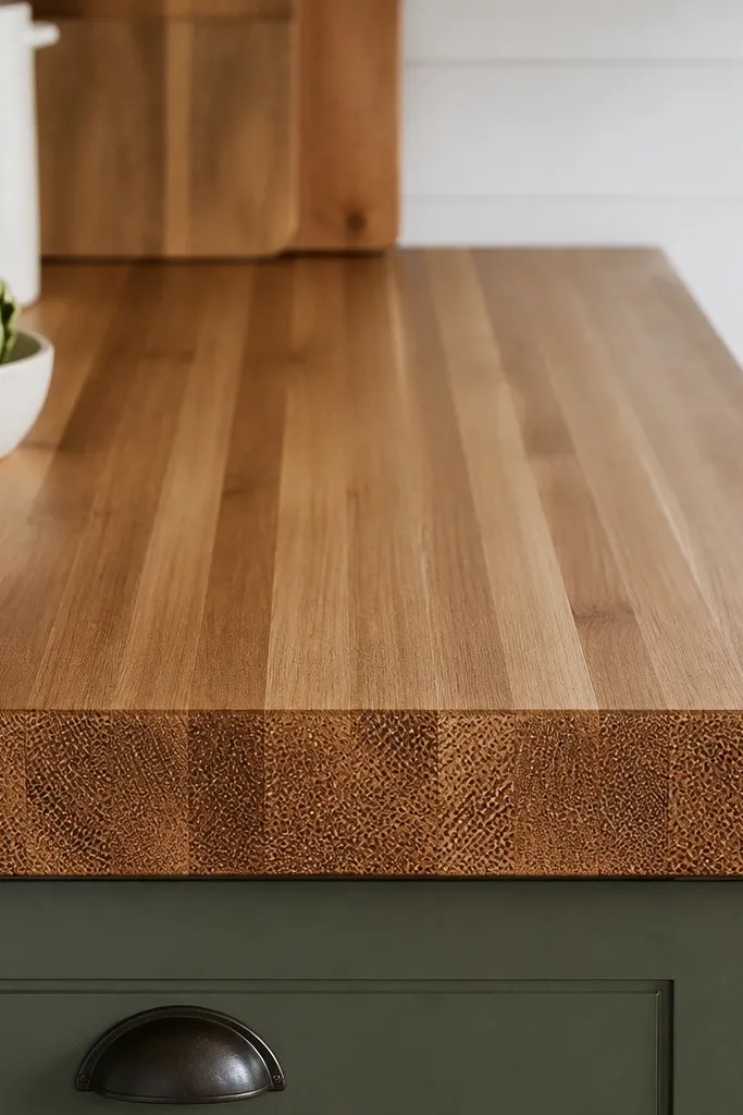 A faux butcher block countertop where the front 2-inch band shows speckled end-grain dots. The top shows straight plank strips above it.