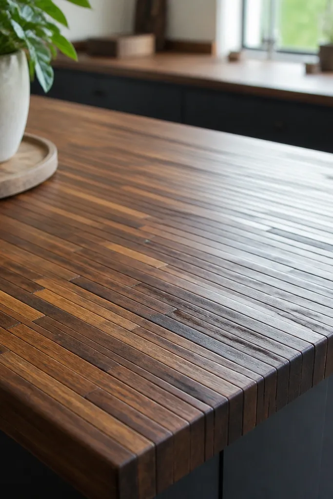 A countertop made from small stained wooden sticks laid side by side with visible texture. The surface is sealed in satin so it looks smooth but still tactile.