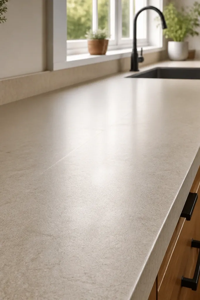 A long countertop made from two laminate sheets joined in the middle. The seam is filled with tan caulk and sanded smooth under a clear satin finish.