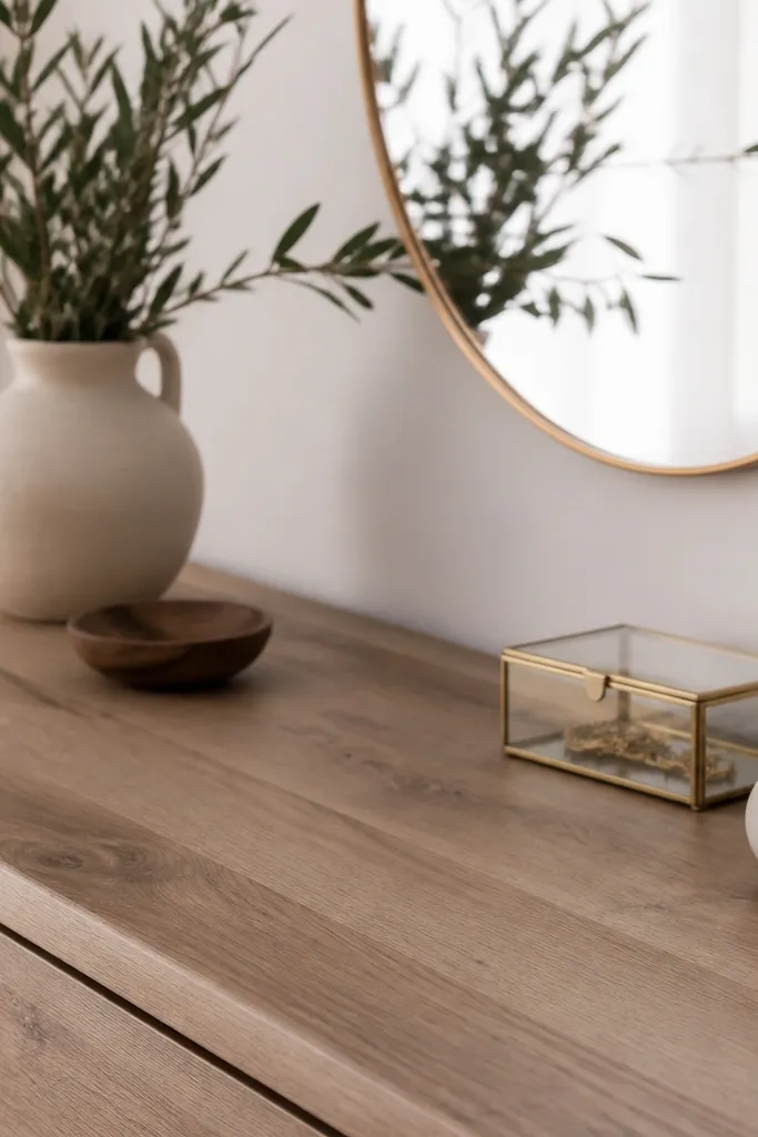 A bedroom dresser top with a matte wood-grain faux butcher block look. The surface has low shine and looks soft to the eye.
