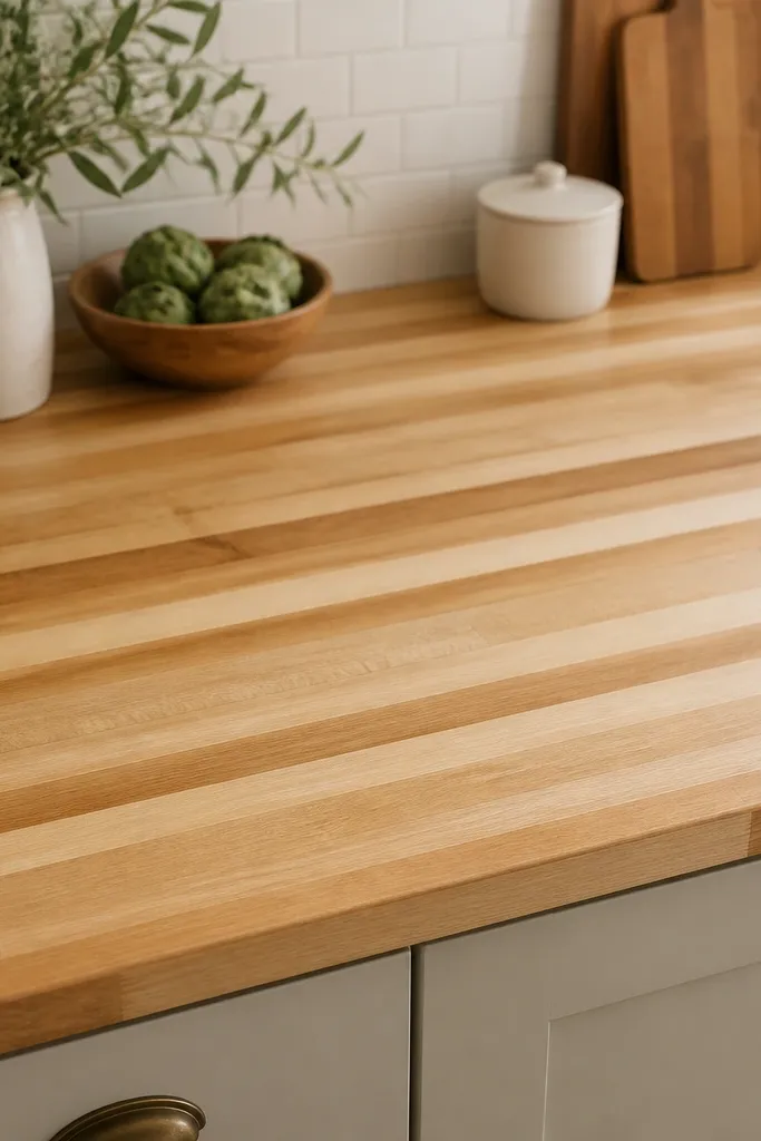 A countertop covered with a repeating wood runner strip pattern that looks like butcher block bands. The front edge has a matching thin trim.