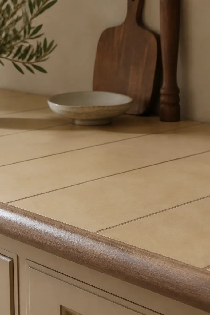 A countertop painted in warm beige with hand-painted darker lines running in strips. The front edge is painted darker brown and sealed satin.