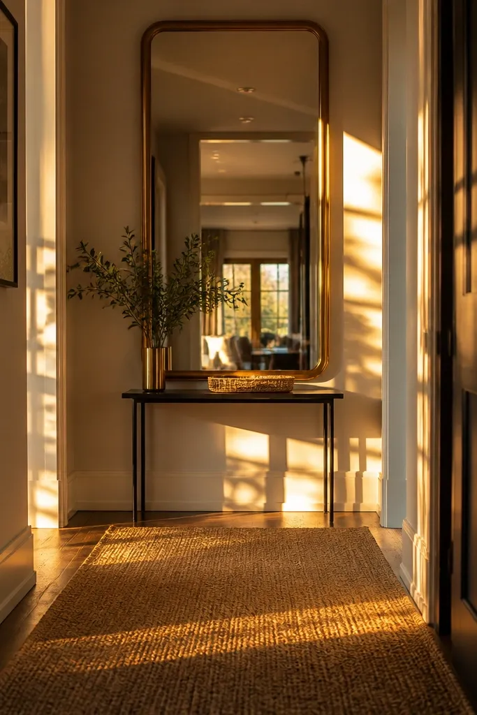 Brass framed mirror above a slim console with a jute runner on the floor