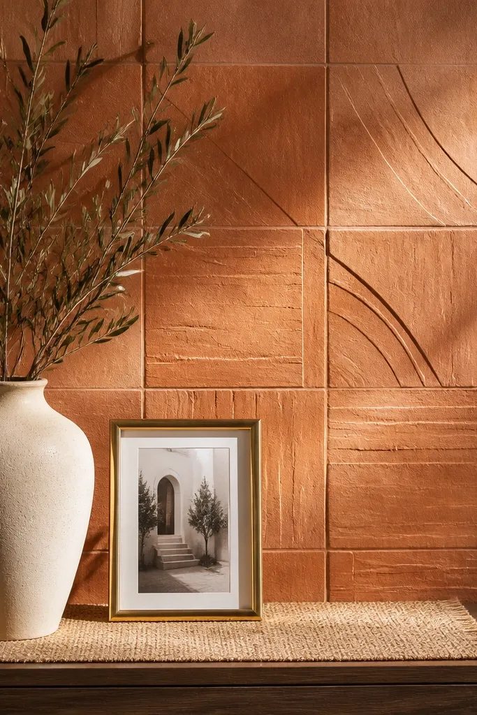 Terracotta textured wall panel behind a slim console with a neutral vase