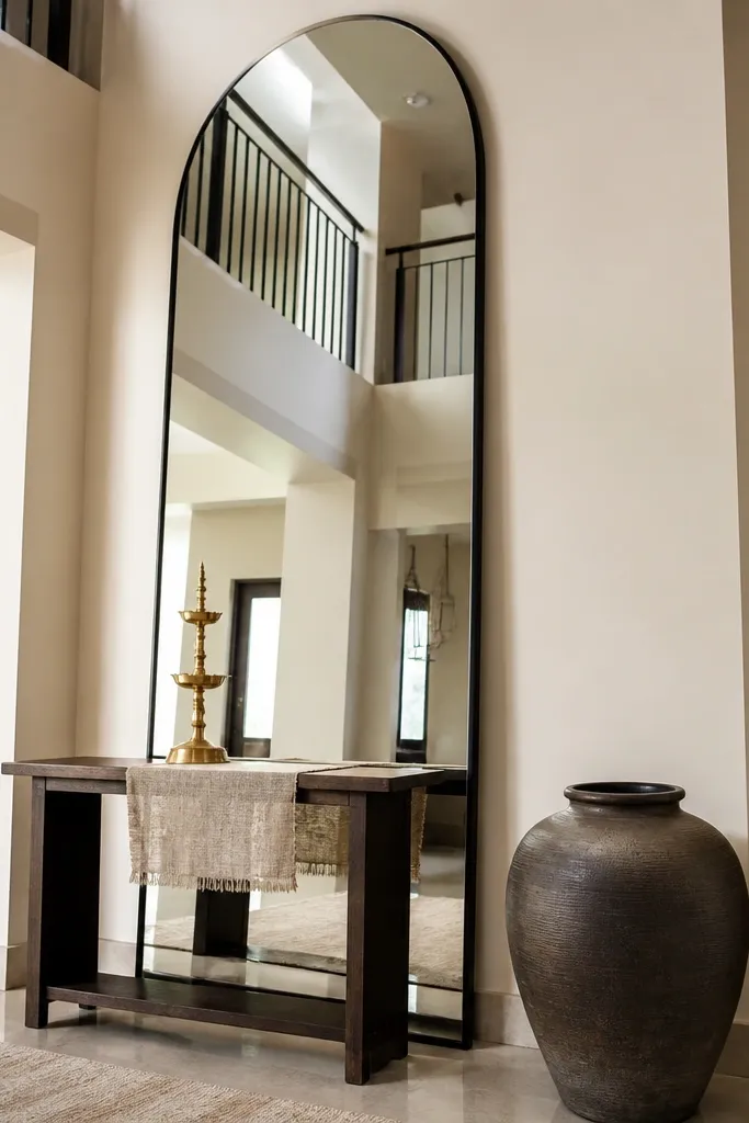Tall mirror near the door with a large floor jar and small tray