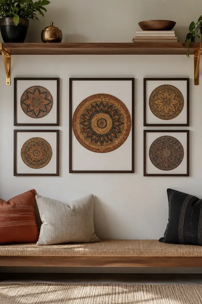 Floating shelves holding framed mandala art and small brass decor
