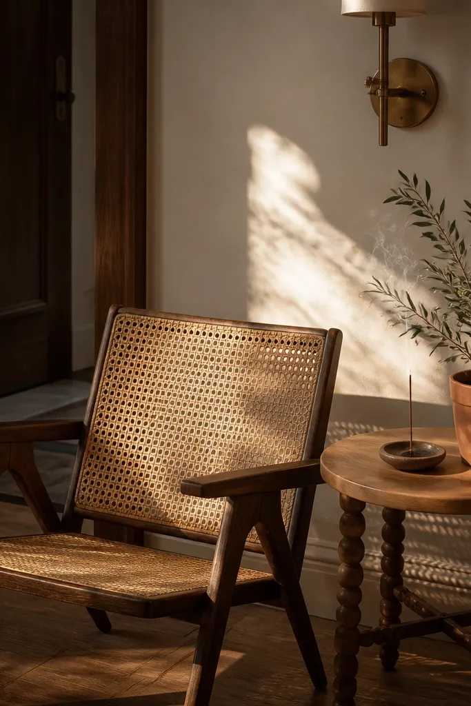 Small cane chair with a round side table and a vase near the entry