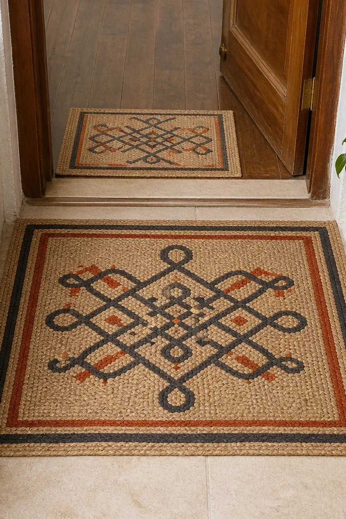 Kolam-style floor mat with a matching door mat and brass diya tray