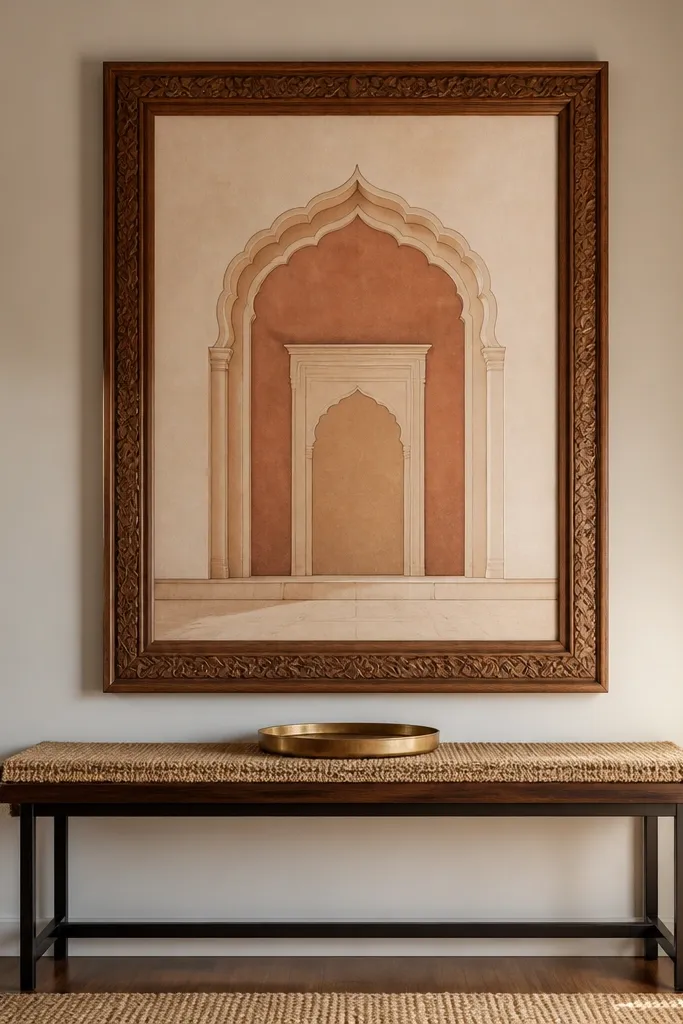 Oversized framed art on the wall above a console with neutral decor