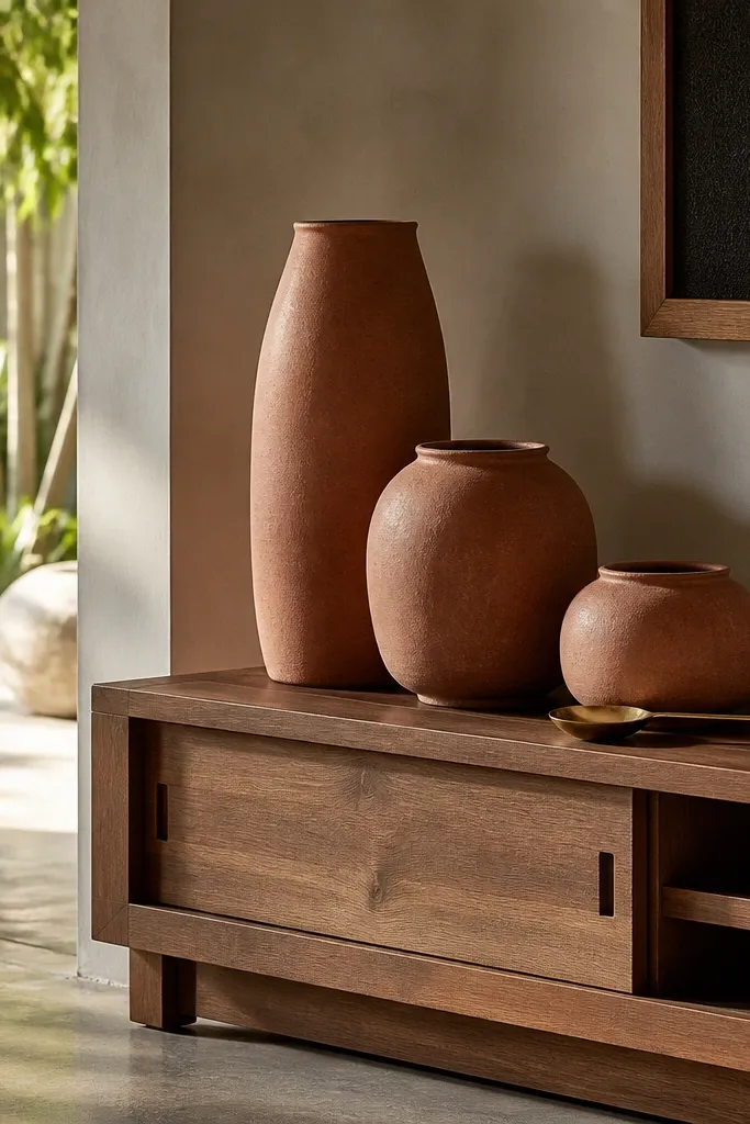 Low teak console with terracotta pots and a small brass tray