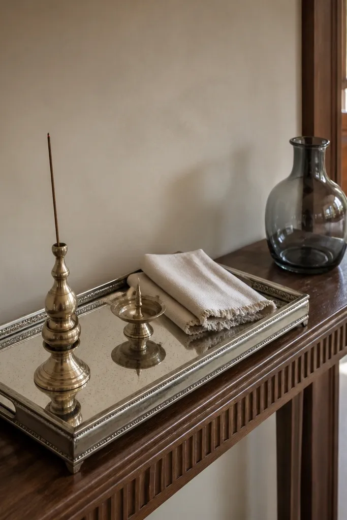 Console styling with a mirrored tray, incense holder, and small brass items