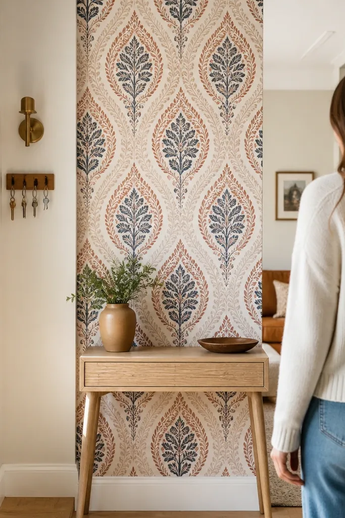 Wallpaper strip on the wall behind a narrow console with a vase and mirror