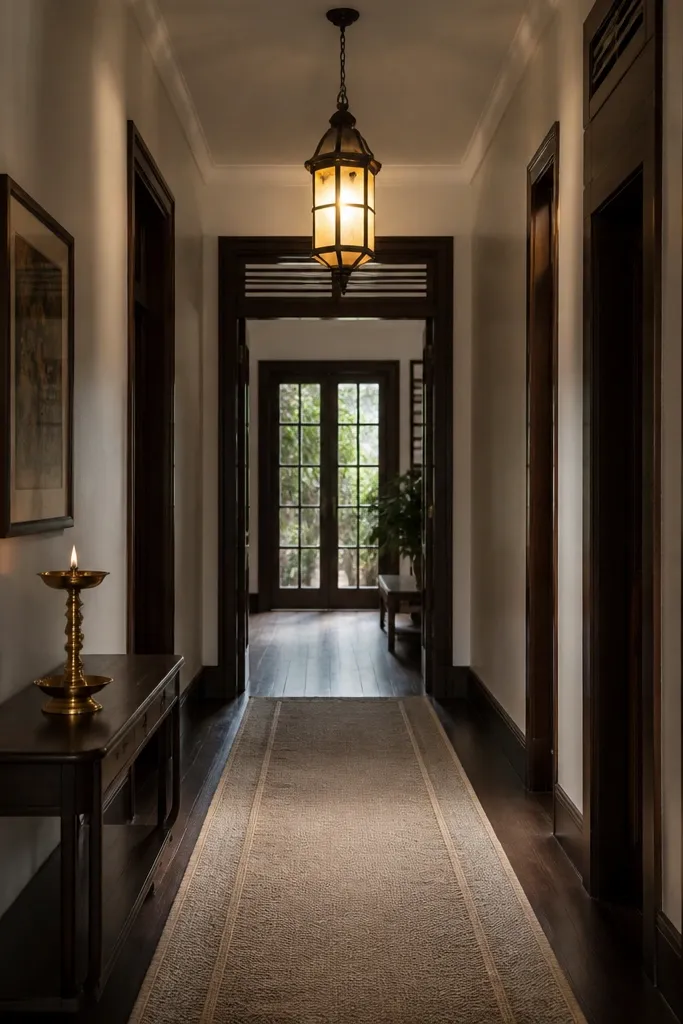 Pendant lantern over a small console with a floor-length runner and brass accents