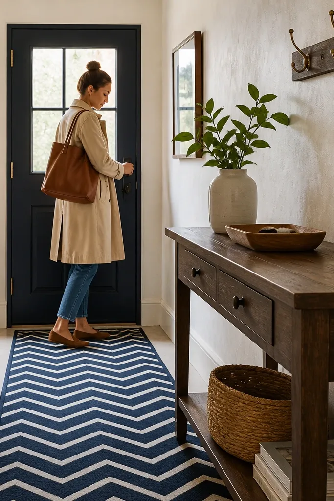 White wall with brass hooks, navy chevron runner, and small key tray