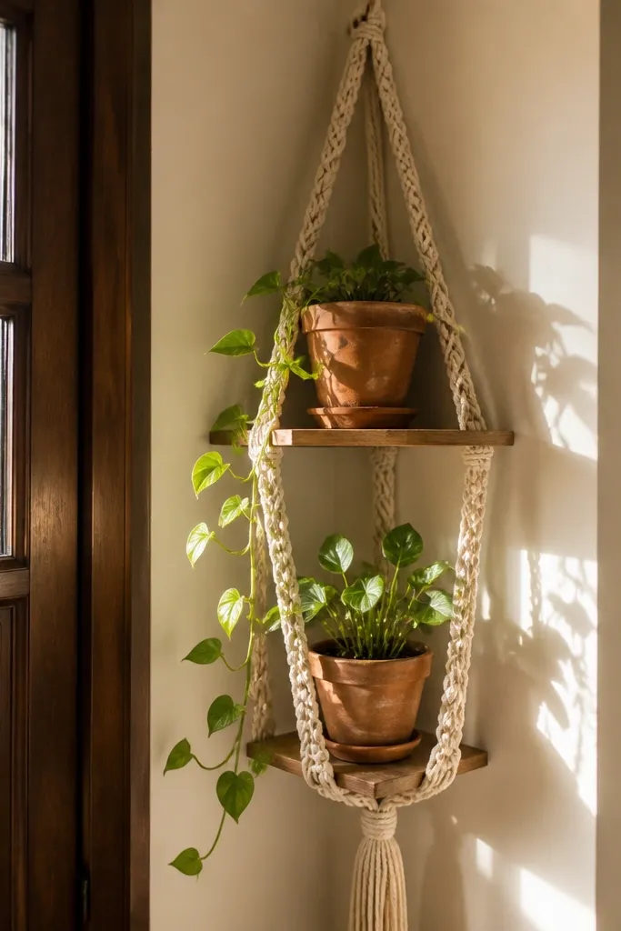 Macramé shelf near the entry holding terracotta pots and a small brass bowl