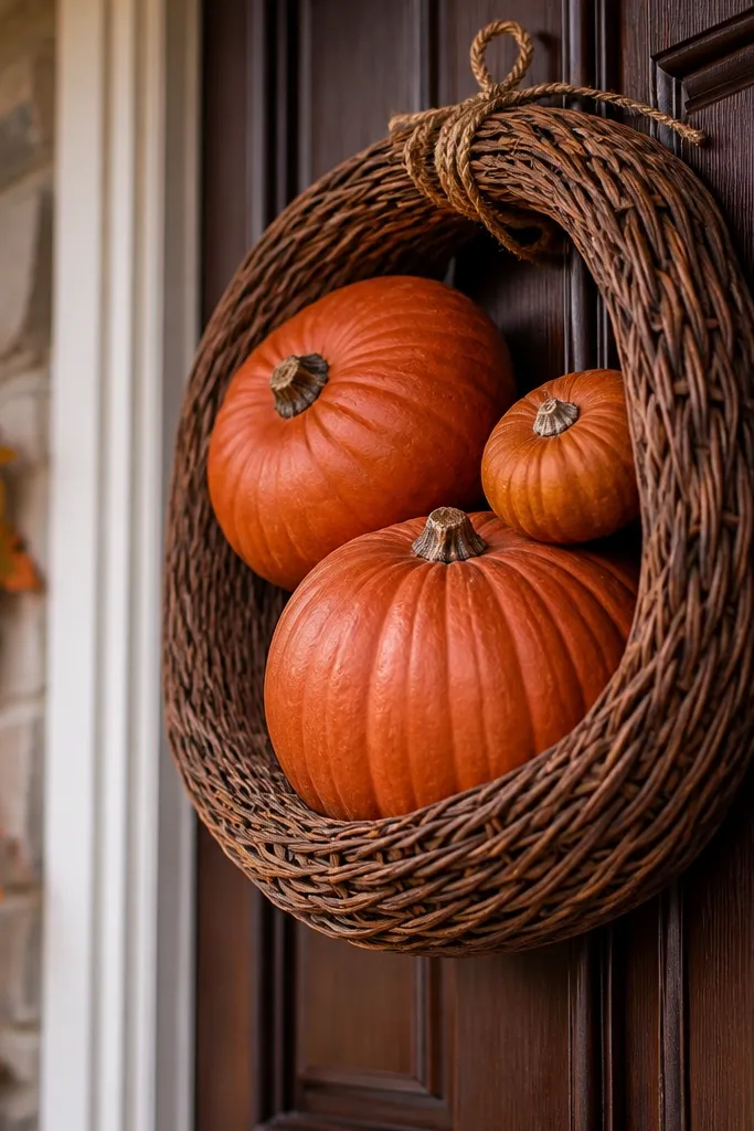 Door with a woven basket wreath and rust and cream pumpkins on the porch