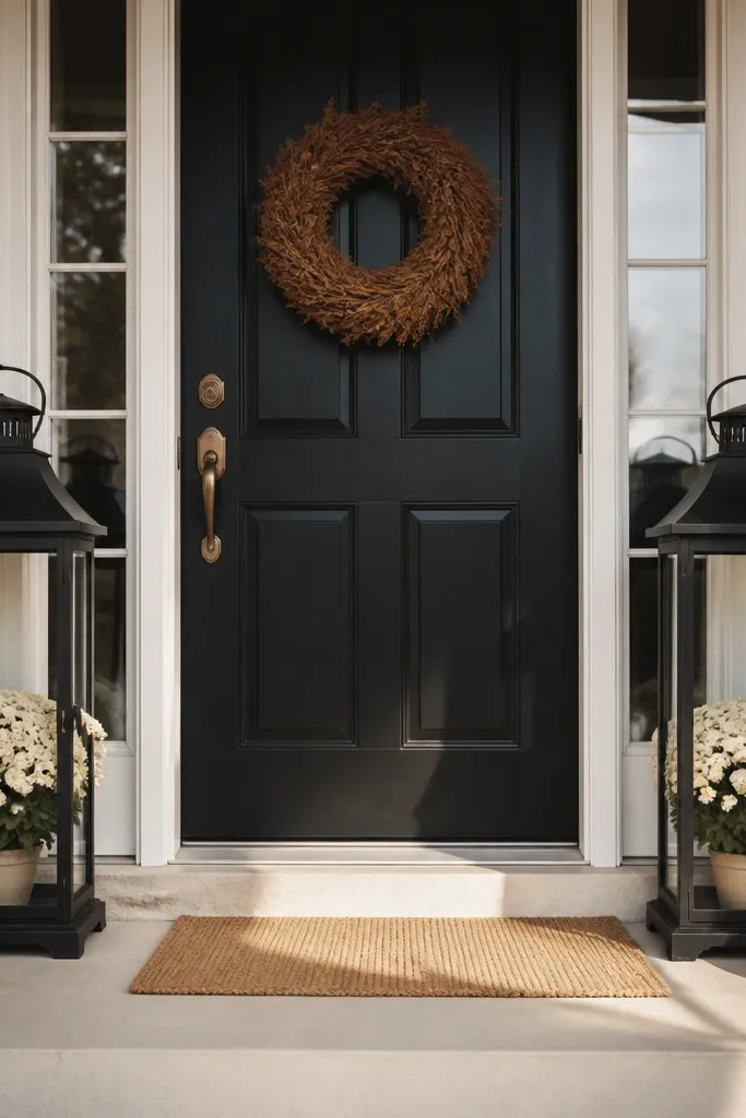 Two black lanterns flanking a doorway with cream flowers and small pumpkins